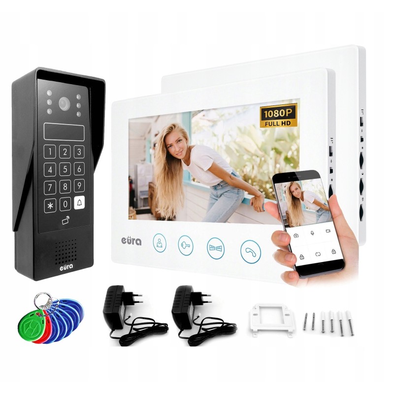 Wideodomofon EURA VDP-92A3 DELTA B+ , 2 monitory, biały 7'' WiFi otwieranie 2 wejść szyfrator czytnik zbliżeniowy